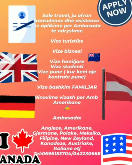 Sole Travel ju ofron #konsulence dhe #asistence per #aplikime per #viza AMERIKANE, ANGLEZE, KANADEZE, GJERMANE,ZEYLANDA RE, MEKSIKE