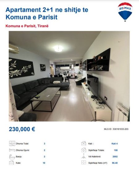 Tirane, shitet apartament 2+1 Kati 4, 100 m² 230.000 € (SHITET TE RRETHRROTULLIMI)