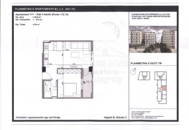 Tirane, shitet apartament 1+1 Kati 3, 66 m² 132.000 € (Kompleksi Novus,Bulevardi i Ri)